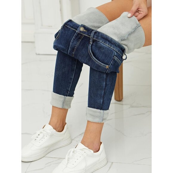 Women's Fleece Lined Jeans Slim Fit High Waist Warm Denim Winter Pants - Picture 2 of 6